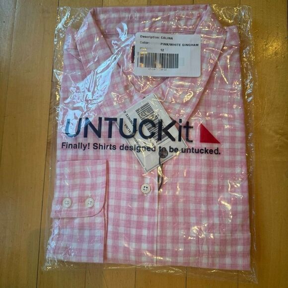 $130 Untuckit women’s pink gingham long sleeve button up brand new size 12 m7 - Picture 3 of 7
